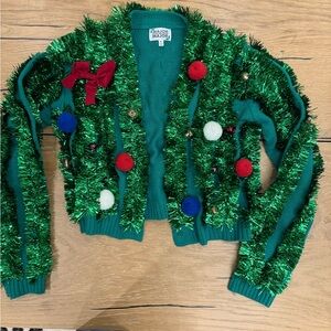 Green Festive Sweater with Tinsel and Pom Poms